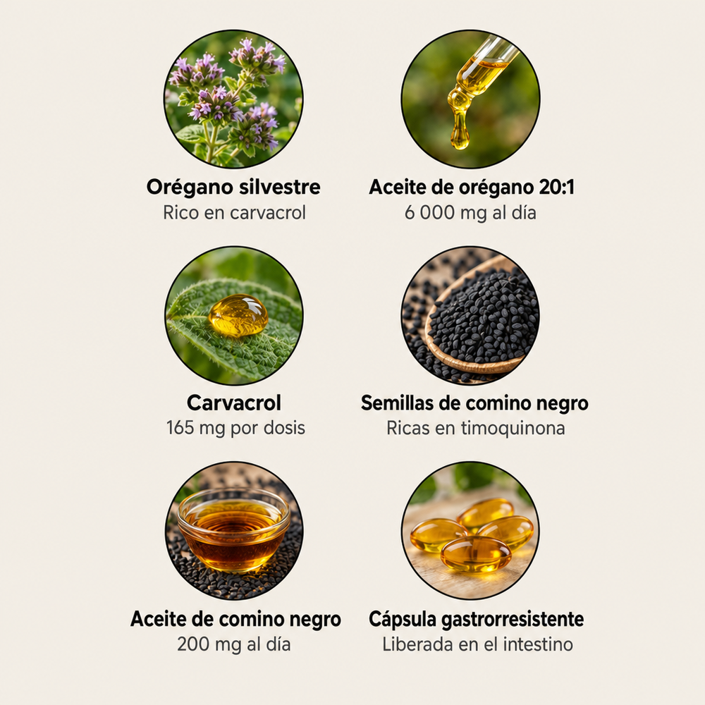 Los ingredientes de OrigaMix: orégano silvestre, aceite de orégano 20:1, carvacrol, comino negro